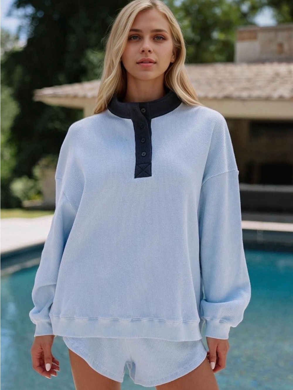 Women’s Lounge Pajama Set with - Light blue with dark blue contrast - Picture 2 of 5